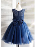 Navy Blue Lace Tulle Knee Length Flower Girl Dress